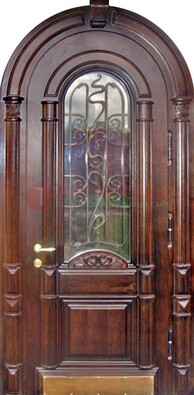 Арочная металлическая дверь массив со стеклом и ковкой ДА-50 в Ступино