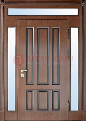 Железная дверь со стеклом и фрамугами в коричневом цвете ДФГ-8 в Ступино