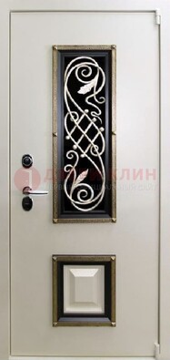 Белая стальная дверь с ковкой со стеклопакетом и МДФ ДК-30 в Ступино
