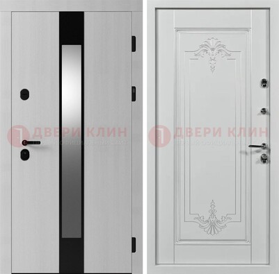 Белая металлическая дверь МДФ с зеркальной вставкой ДМ-324 в Ступино