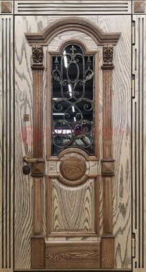 Железная дверь с массивом дуба со стеклом и ковкой ДМД-47 в Ступино