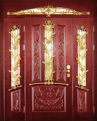 Бордовая железная парадная дверь со стеклом и ковкой ДПР-75 в Ступино