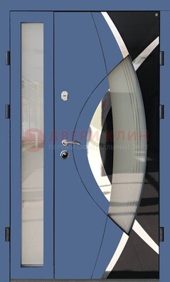 Синяя металлическая дверь со стеклом и узором ДС-13 в Ступино