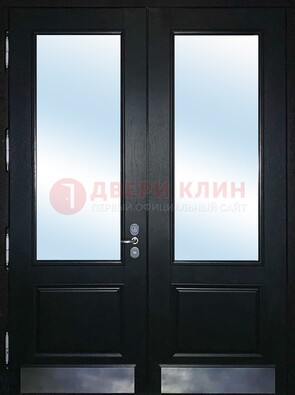 Черная двухстворчатая металлическая дверь со стеклом ДС-25 в Ступино