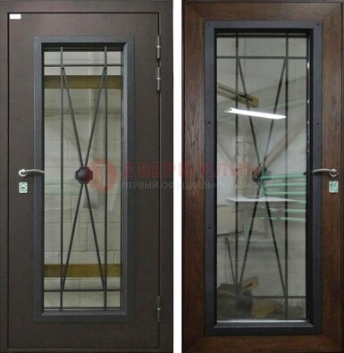 Коричневая железная дверь со стеклом для частного дома ДС-8 в Ступино