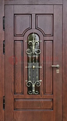 Cтальная дверь со стеклом и ковкой в коричневом цвете ДСК-119 в Ступино