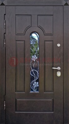 Металлическая дверь со стеклом и ковкой в цвете венге ДСК-142 в Ступино