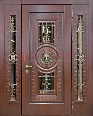 Коричневая стальная дверь со стеклом и ковкой ДСК-147 с фрамугами в Ступино