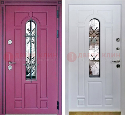 Розовая металлическая дверь со стеклом и ковкой ДСК-151 в Ступино