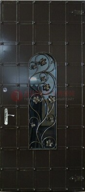 Высокая железная дверь со стеклом и ковкой ДСК-15 в Ступино