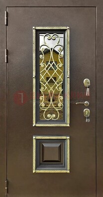 Входная дверь порошок со стеклом и ковкой для коттеджа ДСК-166 в Ступино