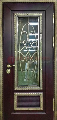 Темная уличная дверь порошок со стеклом и ковкой ДСК-167 в Ступино