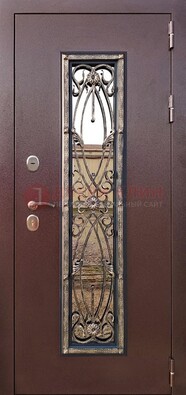 Коричневая стальная дверь порошок со стеклом и ковкой для дома ДСК-169 в Ступино
