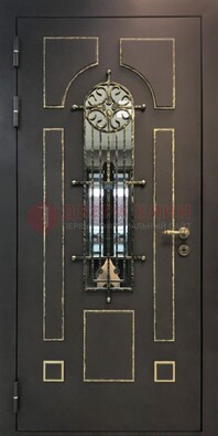 Темная входная дверь Винорит со стеклом и ковкой ДСК-211 в Ступино