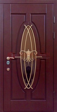 Бордовая стальная дверь Винорит со стеклом и ковкой ДСК-263 в Ступино