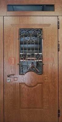 Металлическая входная дверь со стеклом и ковкой для дома ДСК-96 в Ступино