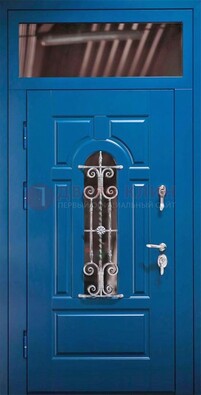 Синяя железная филенчатая дверь со стеклом и ковкой ДСК-97 в Ступино