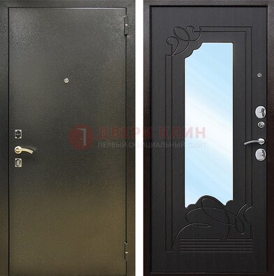 Железная темная дверь c порошковым напылением и МДФ с узором и зеркалом ДЗ-111 в Ступино