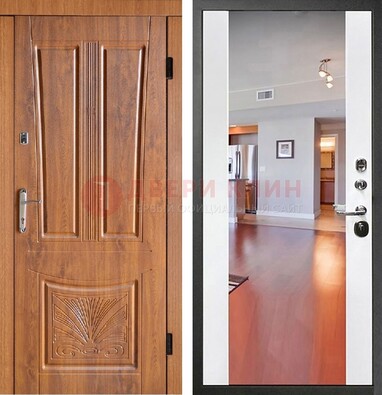 Входная коричневая дверь терморазрыв c виноритом и белая МДФ c зеркалом ДЗ-123 в Ступино