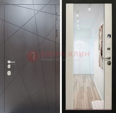 Железная коричневая дверь со светлой МДФ внутри и зеркалом ДЗ-125 в Ступино