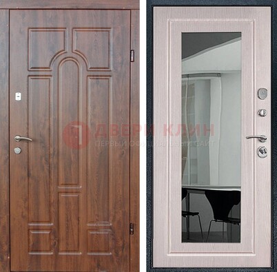 Входная коричневая дверь с МДФ Белый дуб и зеркалом ДЗ-126 в Ступино