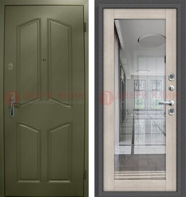 Зеленая стальная дверь с МДФ панелями и зеркалом ДЗ-137 в Ступино