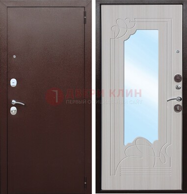 Коричневая металлическая дверь с зеркалом МДФ внутри ДЗ-33 в Ступино