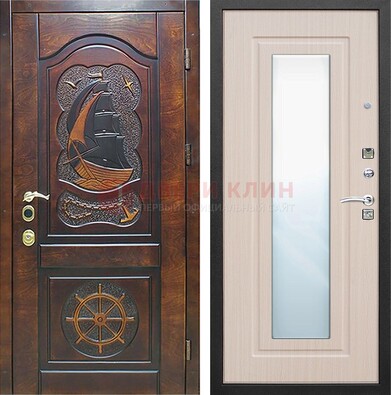 Темная дверь с резьбой и зеркалом внутри ДЗ-49 в Ступино