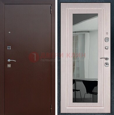 Входная дверь с порошковым напылением Медный антик/Белый дуб с зеркалом ДЗ-63 в Ступино
