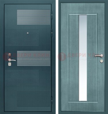 Входная дверь с зеркальной вставкой внутри с голубым МДФ с зеркалом ДЗ-71 в Ступино