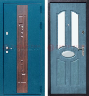 Голубая металлическая дверь МДФ с тремя зеркальными вставками ДЗ-78 в Ступино