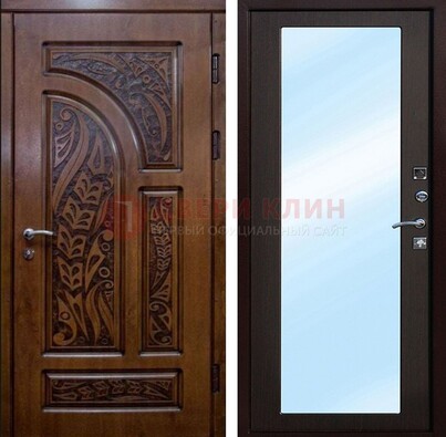Коричневая входная дверь c узором и виноритом МДФ с зеркалом ДЗ-98 в Ступино