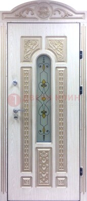 Белая железная дверь с МДФ и витражом ВЖ-26 в Ступино