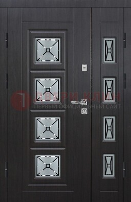 Чёрная двухстворчатая железная дверь с МДФ и витражом ВЖ-35 в Ступино
