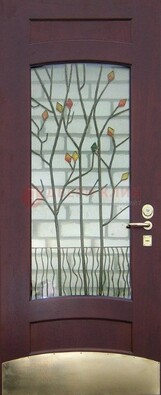 Бордовая стальная дверь с витражом и декоративным элементом ВЖ-3 в Ступино